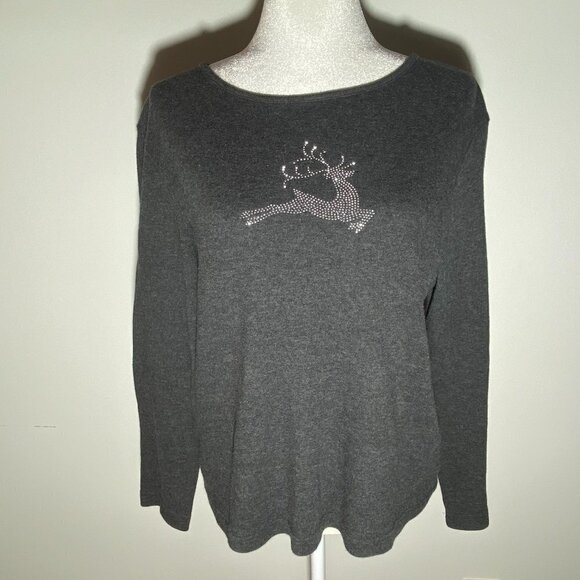 Karen Scott Gray Pullover Shirt with Rhinestone Reindeer Size Medium - Picture 1 of 5